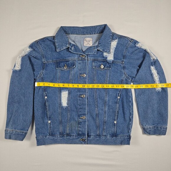 Love Tree Distressed Blue Denim Jacket Women's Size L Ripped Casual Button-Up - Picture 11 of 16